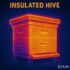 FLIR thermal image of an insulated beehive showing stable internal temperatures. The hive appears in warm orange and yellow tones with minimal heat loss, surrounded by cooler blue and purple background.