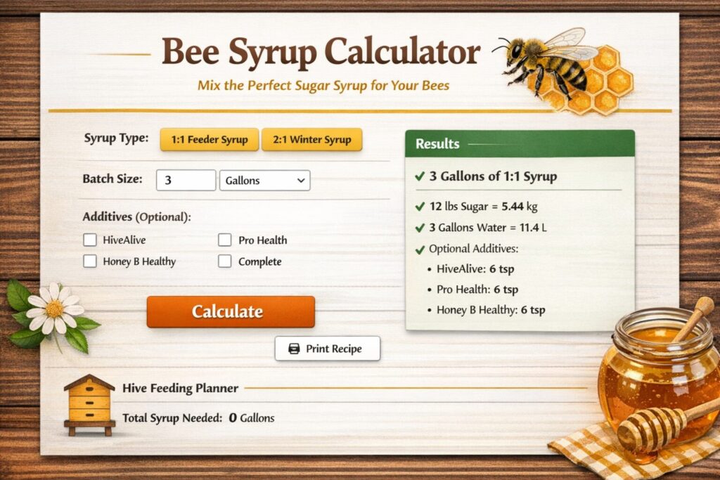 exas Bee Haus bee syrup calculator interface showing sugar syrup ratios, batch size in gallons, additive options like HiveAlive and Honey B Healthy, and printable feeding results for beekeepers.